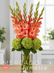 italidad y Naturaleza: Arreglo de 10 Gladiolas Naranja y Hortensias Verdes