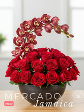 Arreglo Exclusivo de 24 Rosas Rojas y Orquídea Cymbidium Rosa