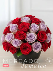 Pasión y Encanto: Rosas Rojas y Rosas Lila en Florero Bowl