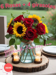 Centro de mesa de 6 rosas rojas y 4 girasoles en un florero Mason Jar México