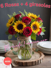 Centro de mesa de 6 rosas rojas y 4 girasoles en un florero Mason Jar México