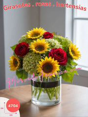 Centro de Mesa en Cilindro de Vidrio con Rosas Rojas, Hortensias y Girasoles México