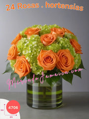 Atardecer Tropical: 24 Rosas Naranjas y Hortensias México