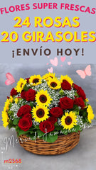 Canasta Caricias Florales, Para decir Te Quiero con 20 Girasoles y Rosas !