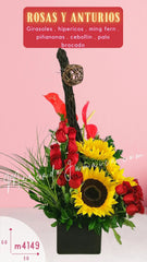Arreglo con Rosas, Girasoles y Anturios