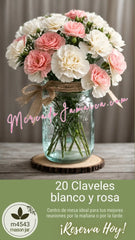 Centro de Mesa Mason Jar con Claveles Rosa y Blanco