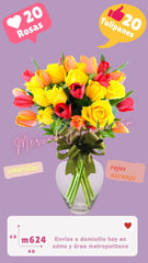 Arreglo floral con rosas y tulipanes