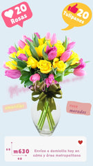 Arreglo floral con rosas y tulipanes