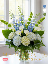 Arreglo Floral con Callas Blancas y Delphinium