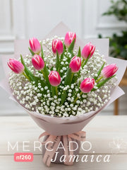 Ramo de 10 Tulipanes Dobles Flash Point y Gypsophilia