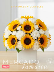 Sol en versión abrazo . Arreglo congirasoles y claveles