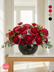 Arreglo Floral de Peonías y Flores Rojas en Cerámica Oscura