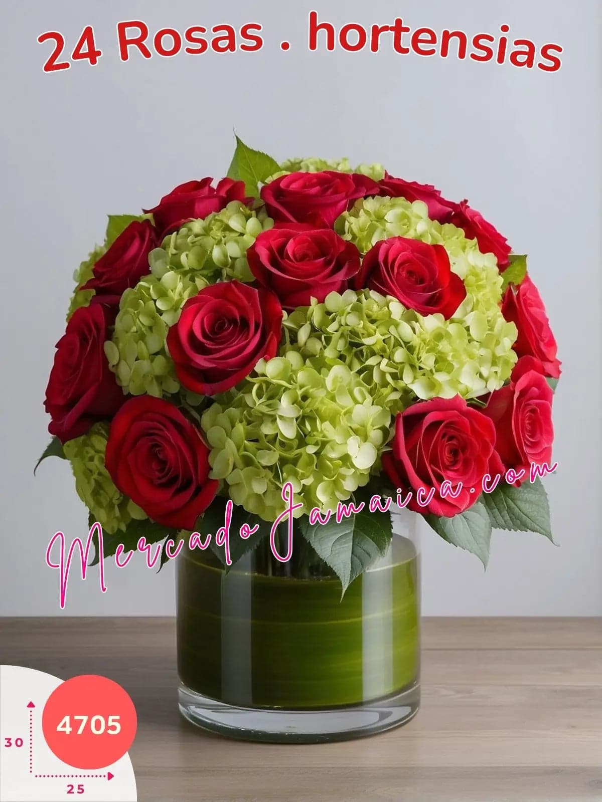 24 Rosas Rojas y Hortensias en Florero CDMX