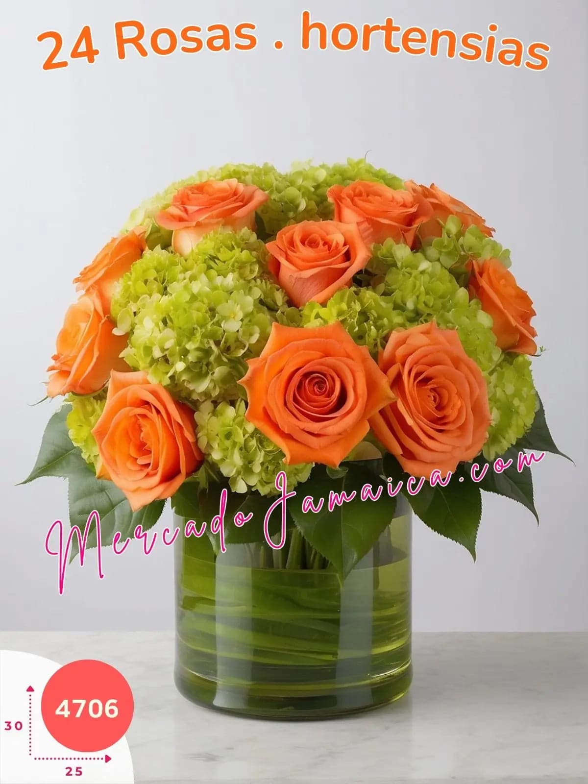 24 Rosas Naranjas y Hortensias en Cristal CDMX