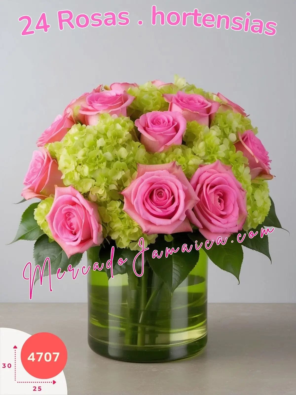 24 Rosas Rosa y Hortensias Verdes en Vidrio CDMX