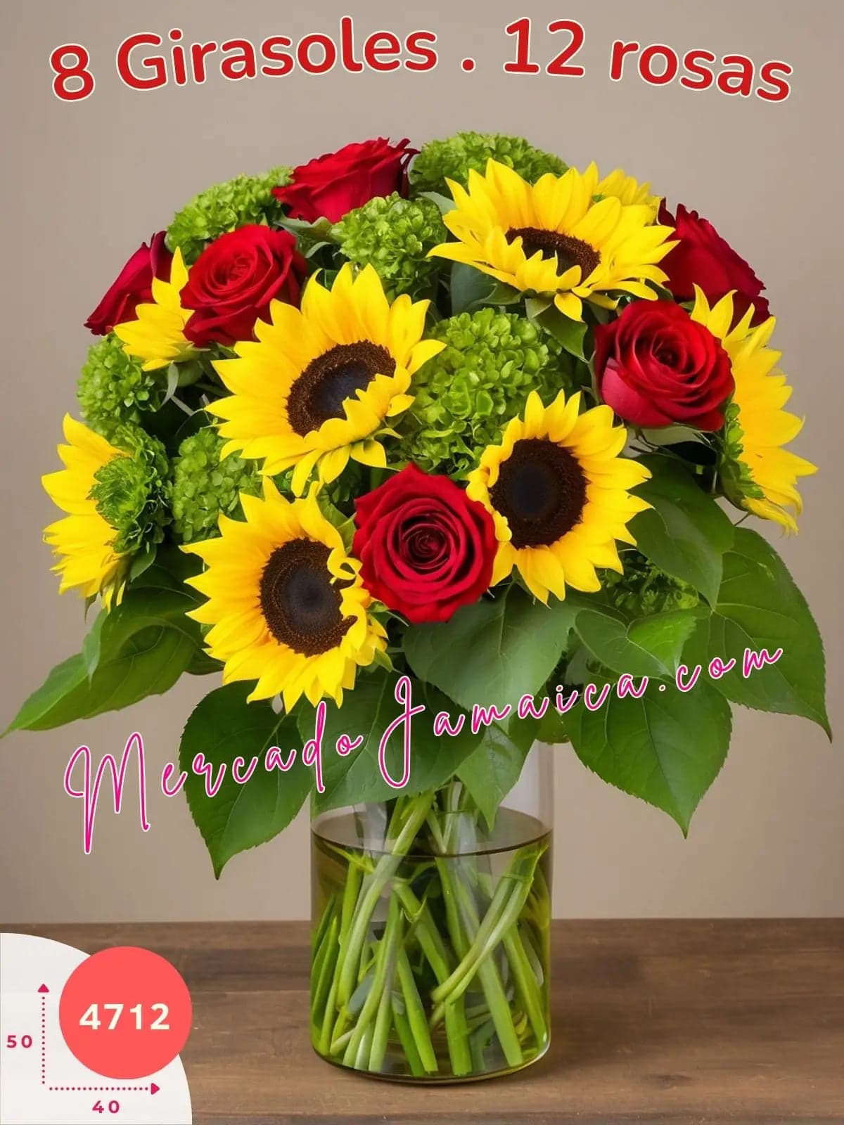 8 Girasoles y 12 Rosas Rojas en Florero · CDMX