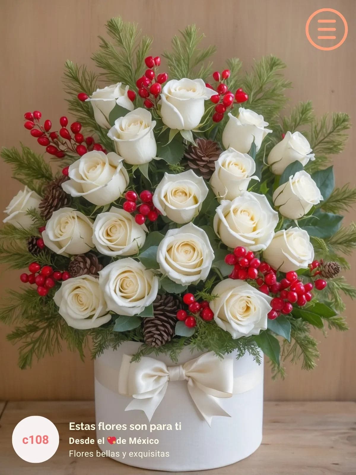 24 Rosas Blancas y Berries Navidad CDMX