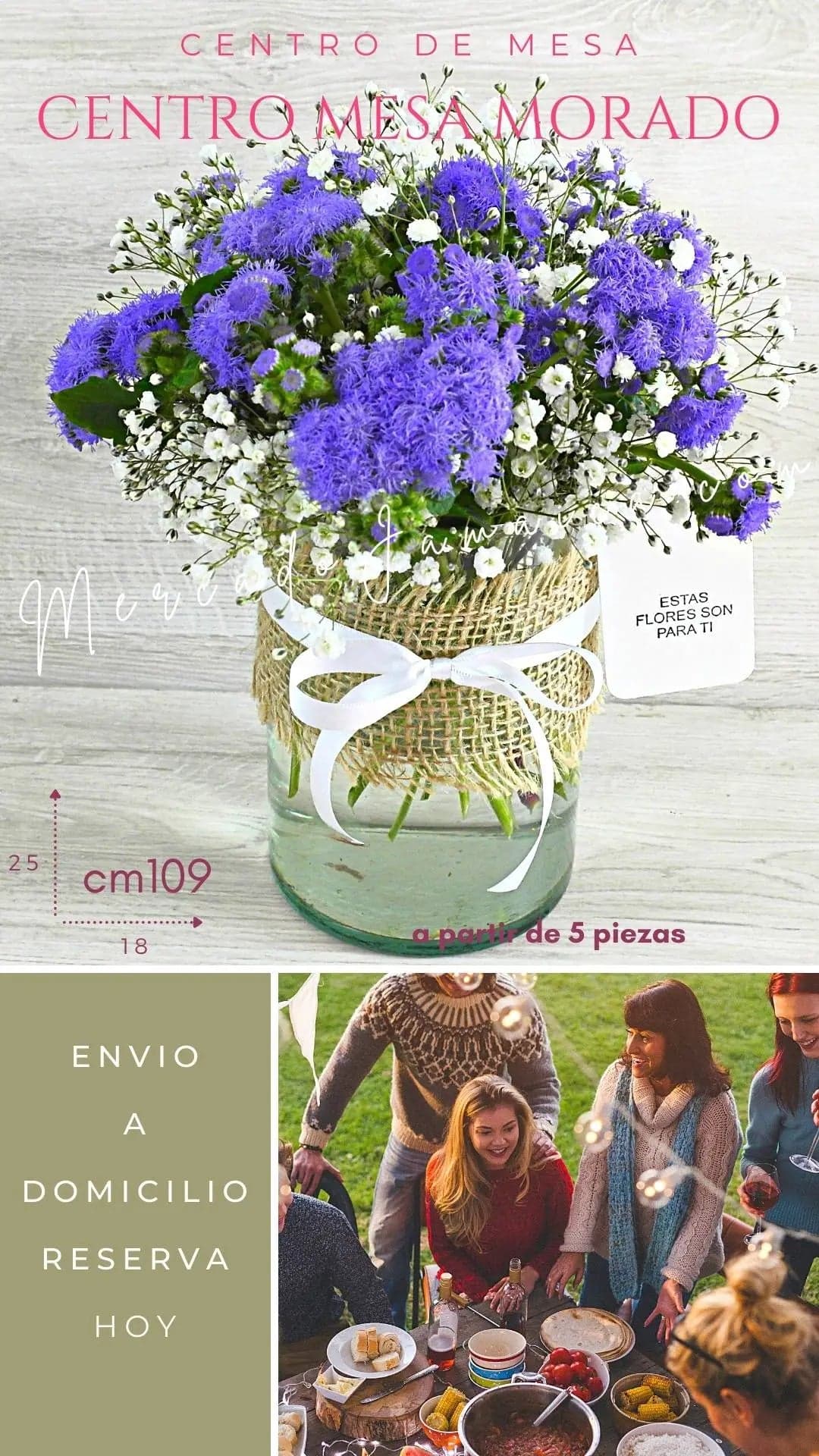 Centro Mesa Mini Rosas Moradas en Florero CDMX