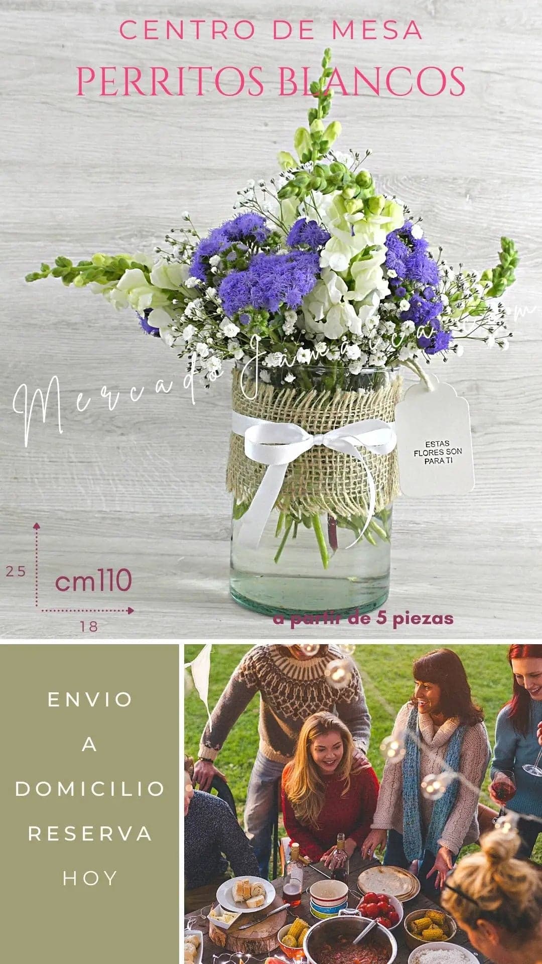 Centro Mesa Perritos Blancos y Flores Moradas CDMX