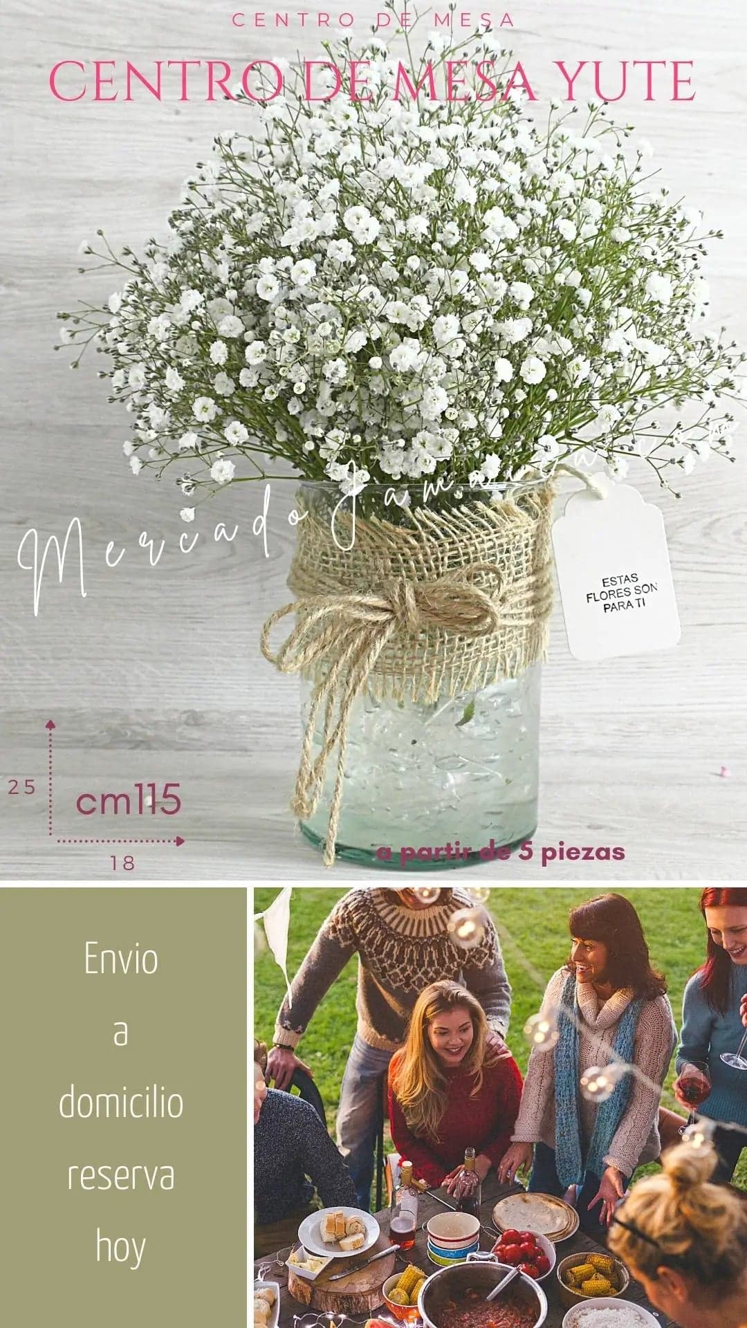 Centro Mesa Baby Breath con Yute · Entrega CDMX