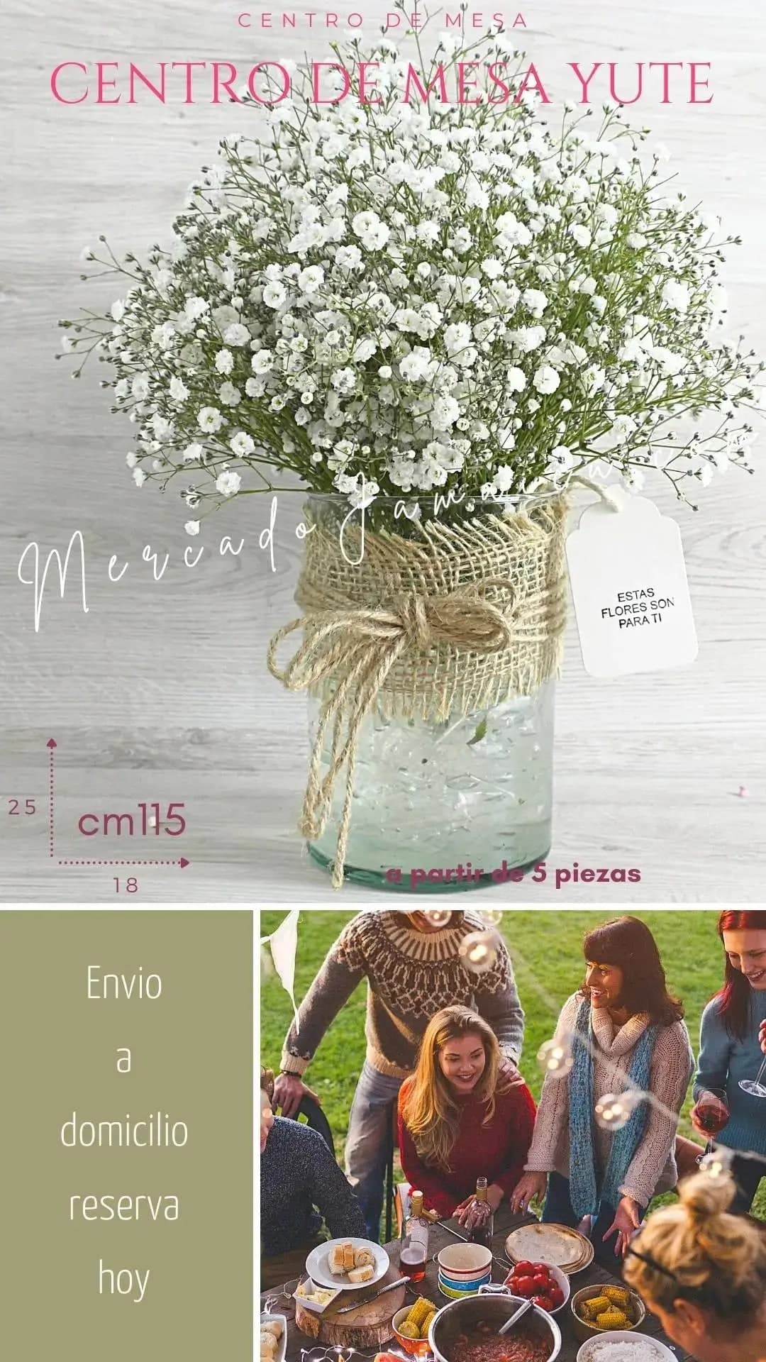 Centro Mesa Baby Breath con Yute · Entrega CDMX