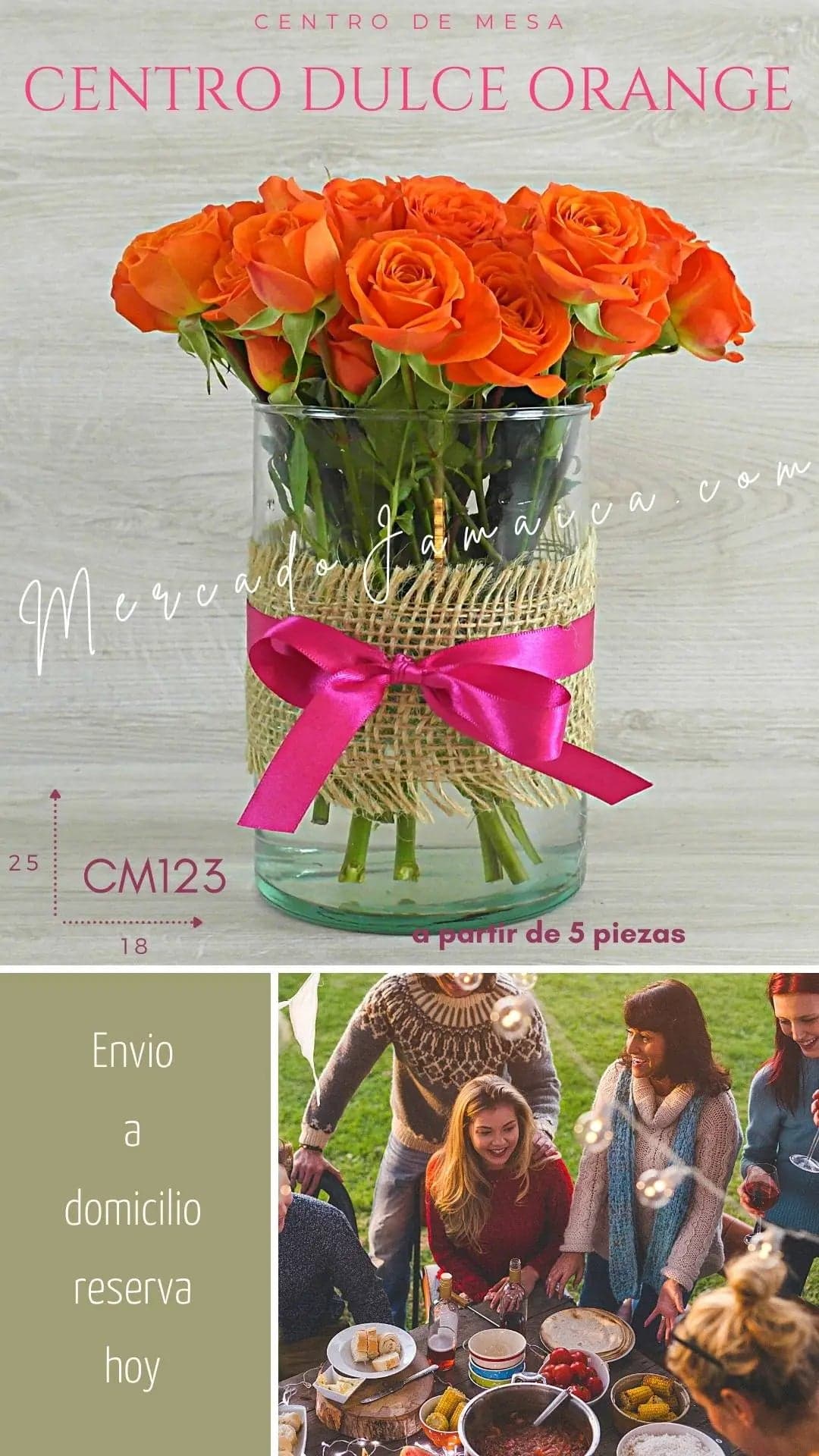 Centro de Mesa Mini Rosas Naranja en Florero CDMX