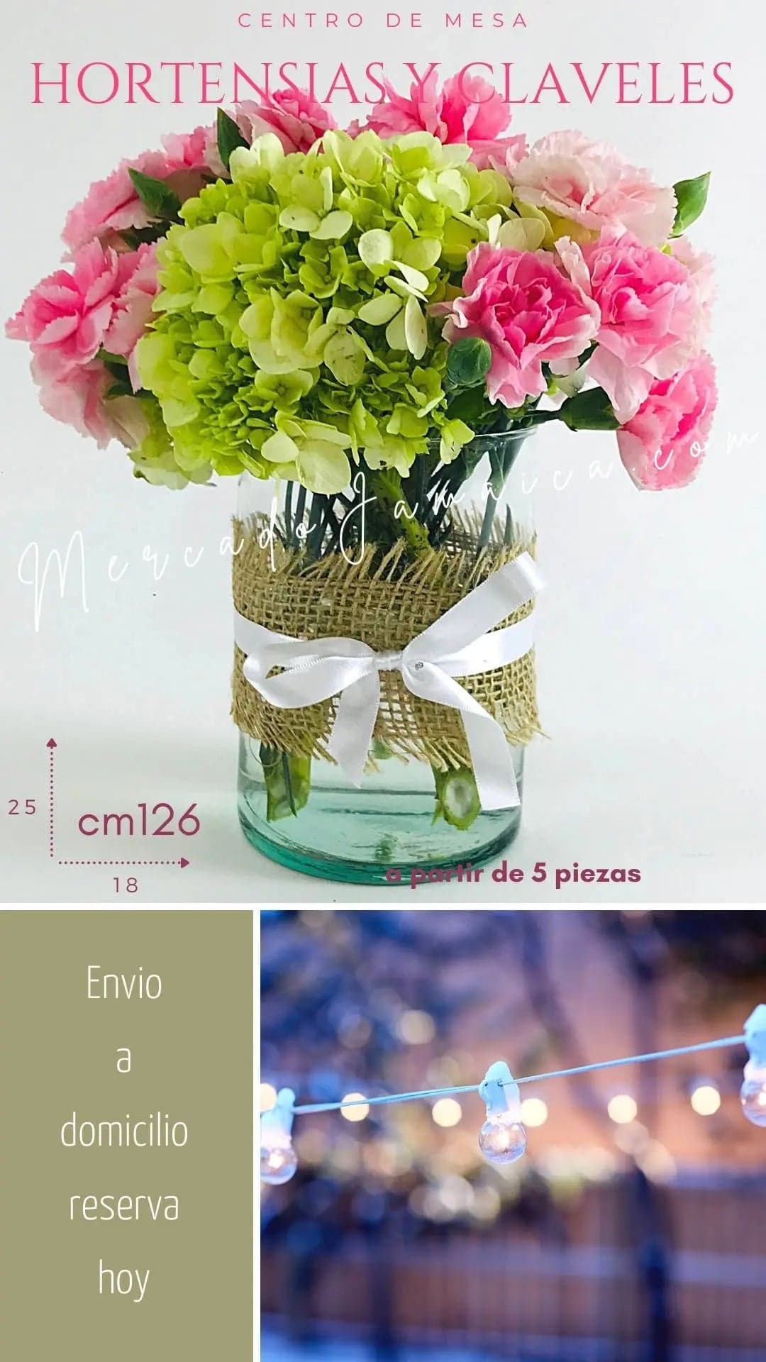 Centro Mesa Hortensias y Claveles Rosa CDMX