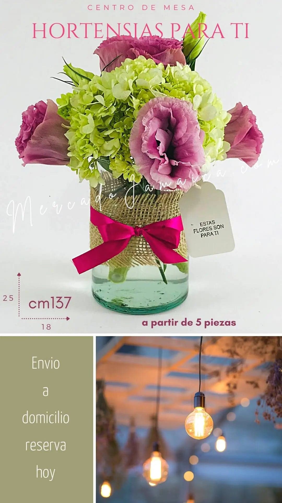 Centro Mesa Hortensias Verdes y Lisianthus Rosa CDMX