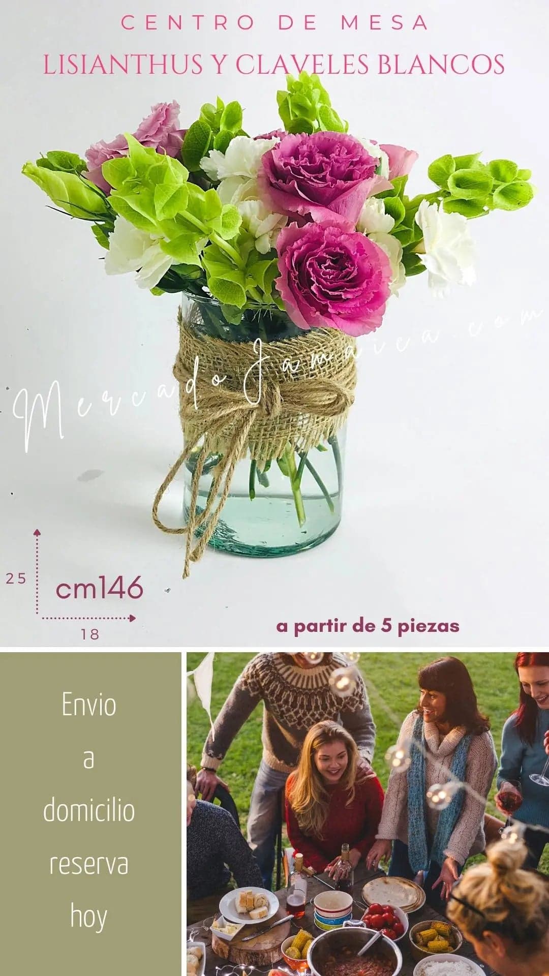 Centro Mesa Lisianthus y Claveles Blancos CDMX