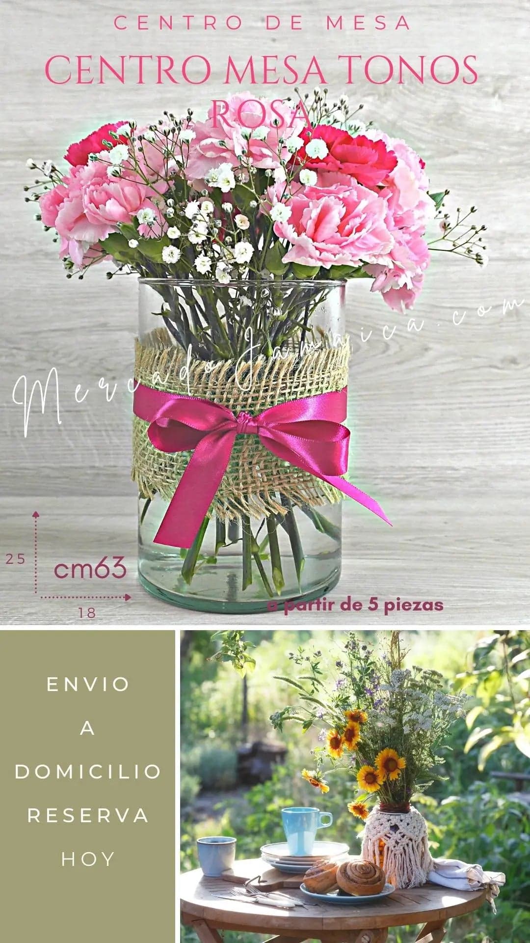 Centro Mesa Claveles Rosa y Fucsia CDMX