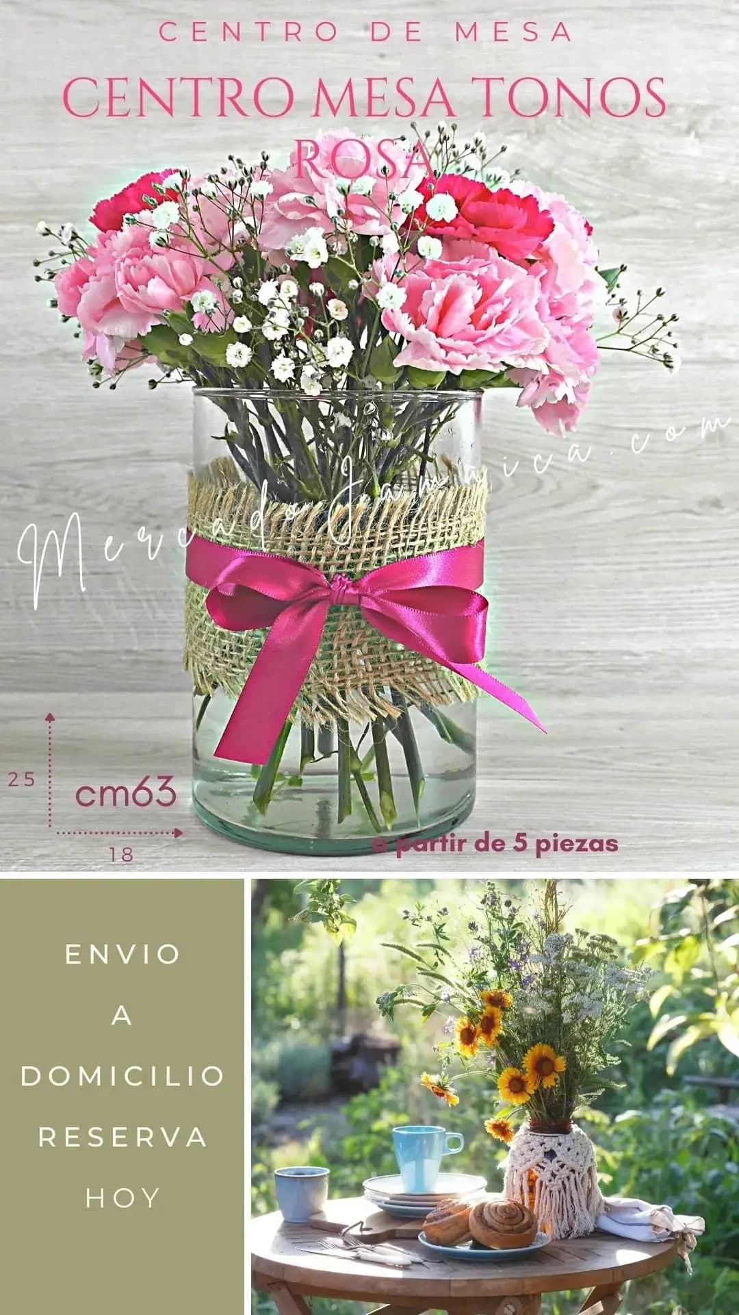 Centro Mesa Claveles Rosa y Fucsia CDMX