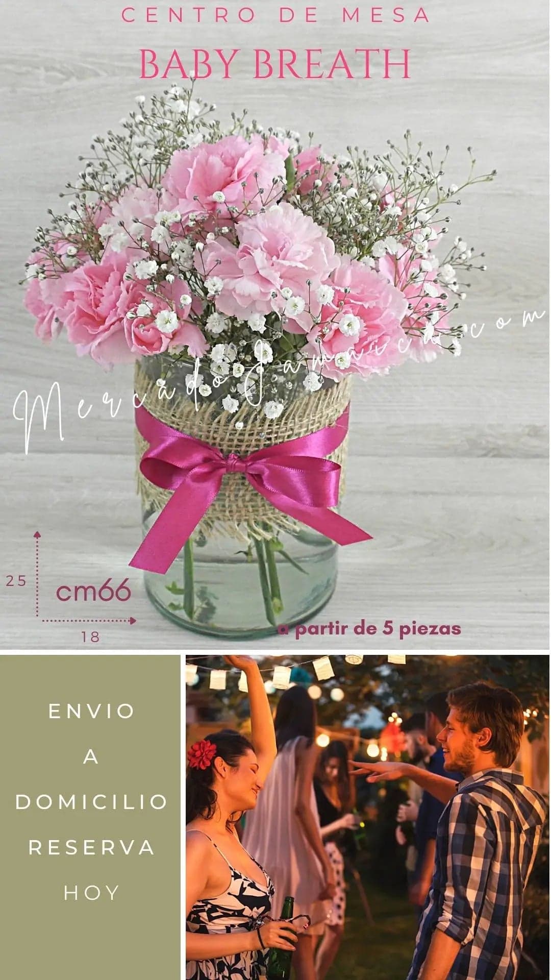 Centro de Mesa Claveles Rosa y Baby Breath CDMX