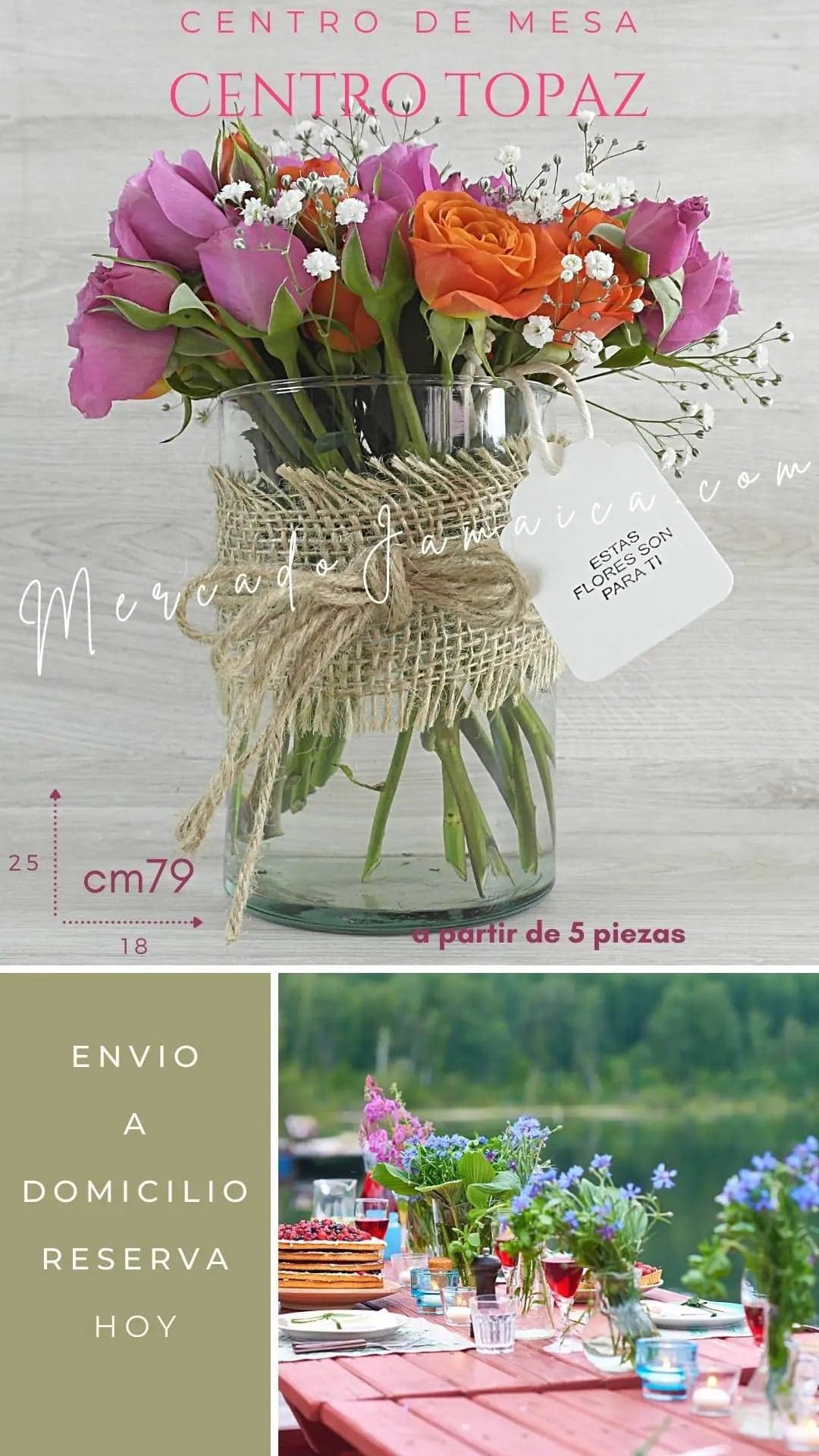 Centro Mesa Mini Rosas Moradas y Naranjas CDMX