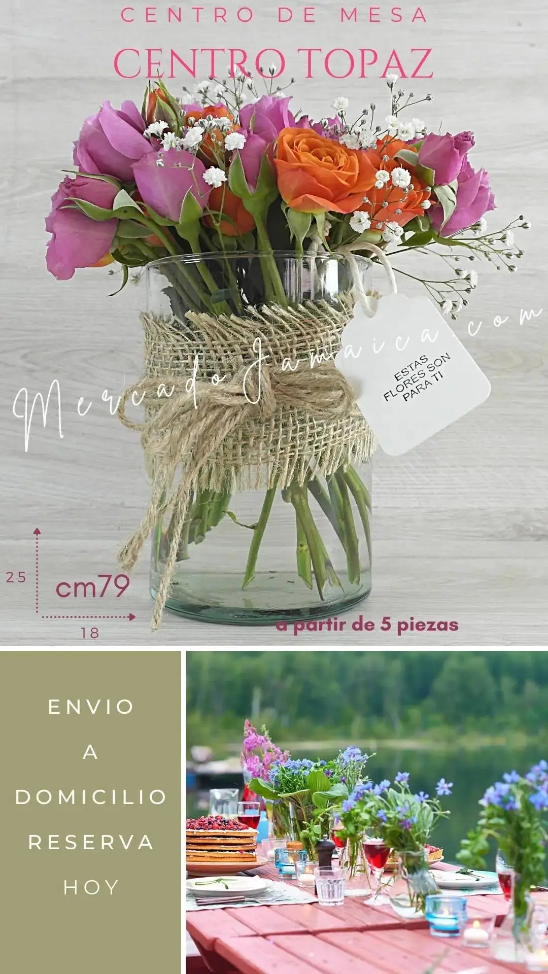 Centro Mesa Mini Rosas Moradas y Naranjas CDMX