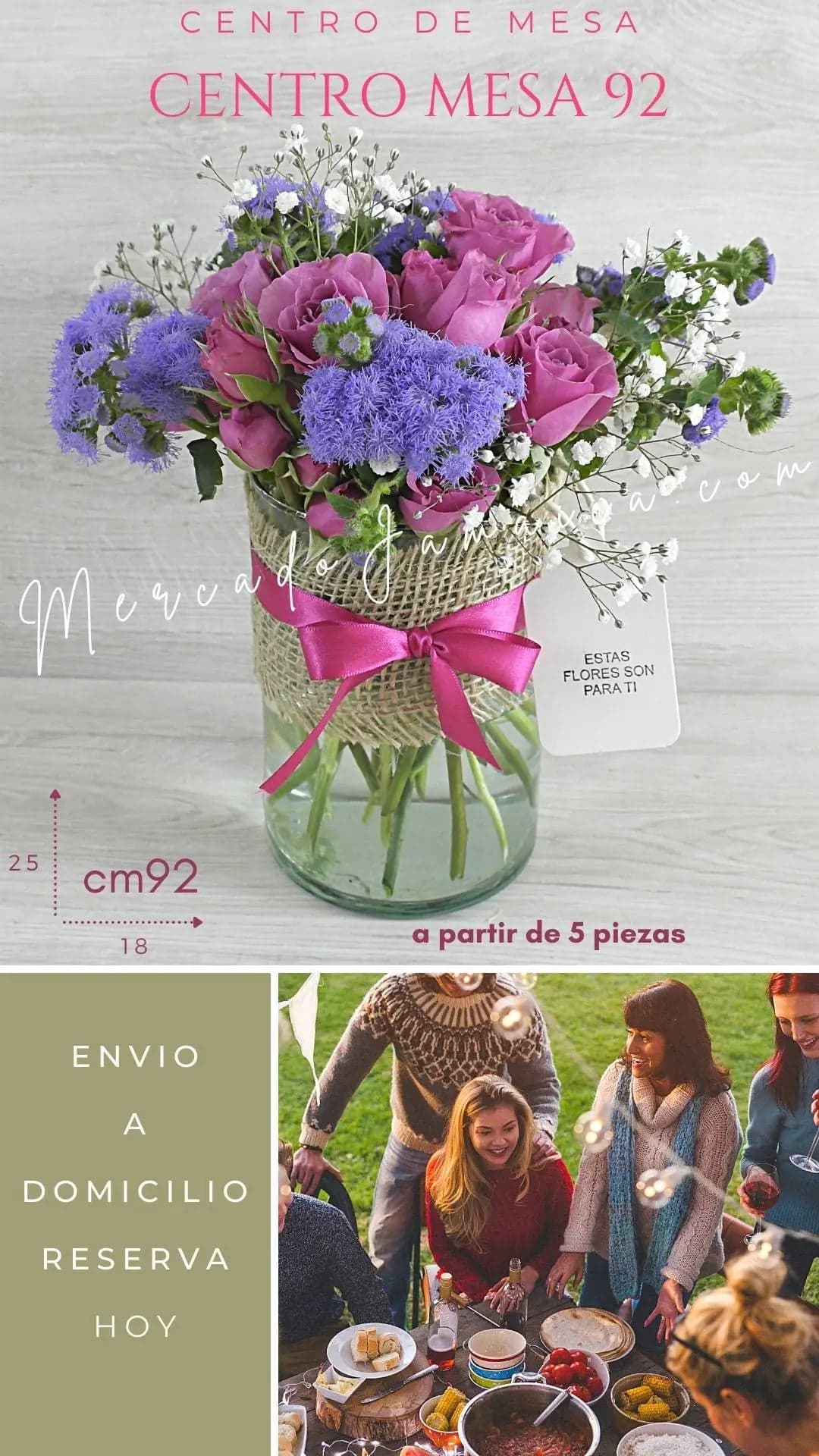 Centro de Mesa Mini Rosas Moradas CDMX a Domicilio