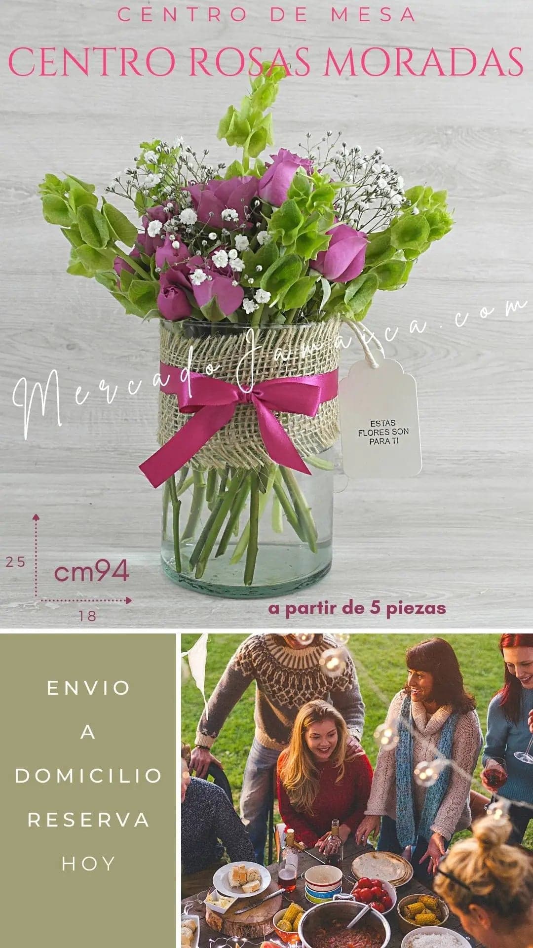 Centro de Mesa Mini Rosas Moradas CDMX a Domicilio
