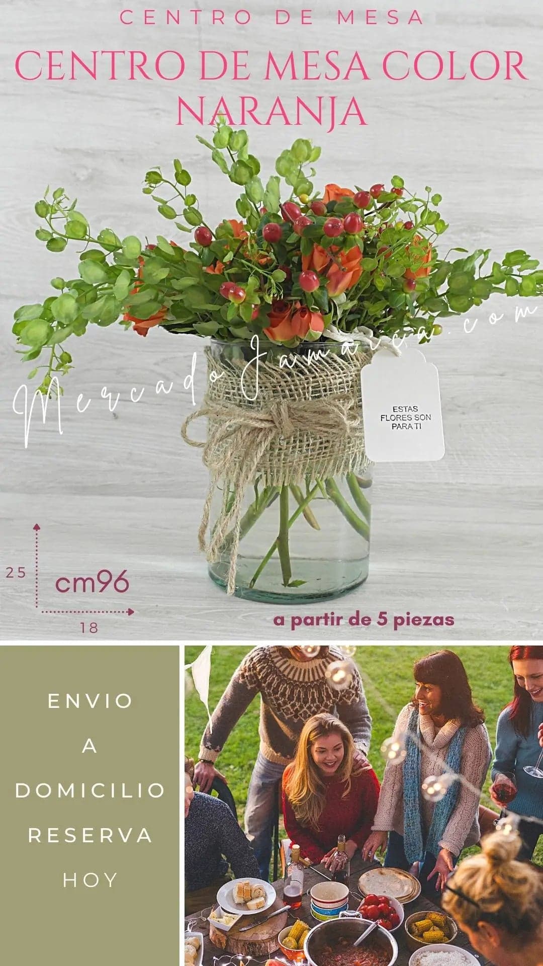 Centro de Mesa Mini Rosas Naranjas CDMX 25 cm