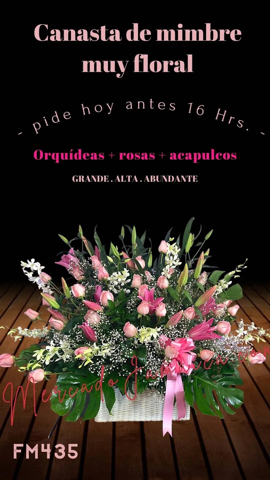Canasta Flores Acapulcos, Orquídeas y Rosas Rosa CDMX