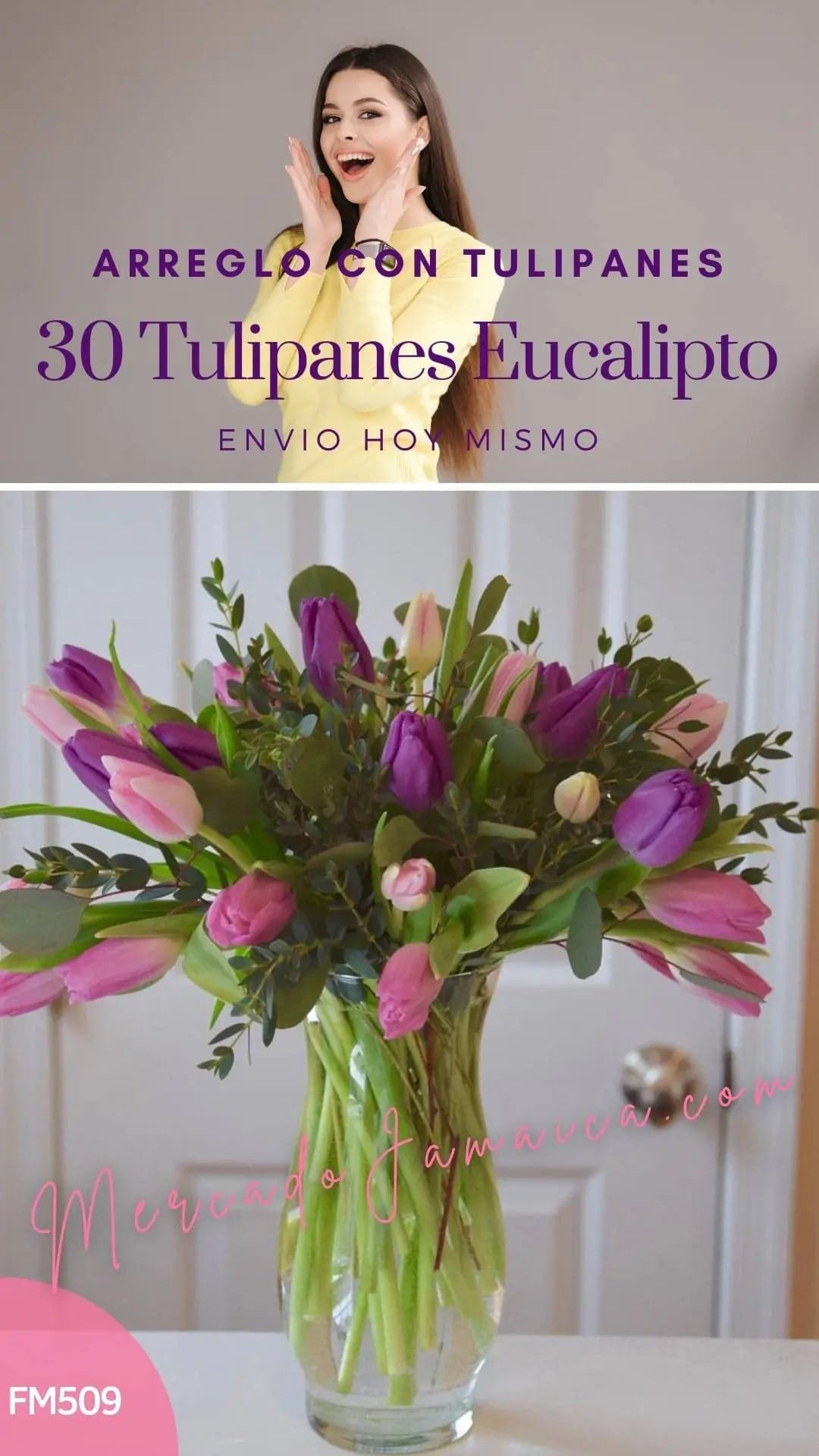 30 Tulipanes Morado y Rosa en Florero | CDMX