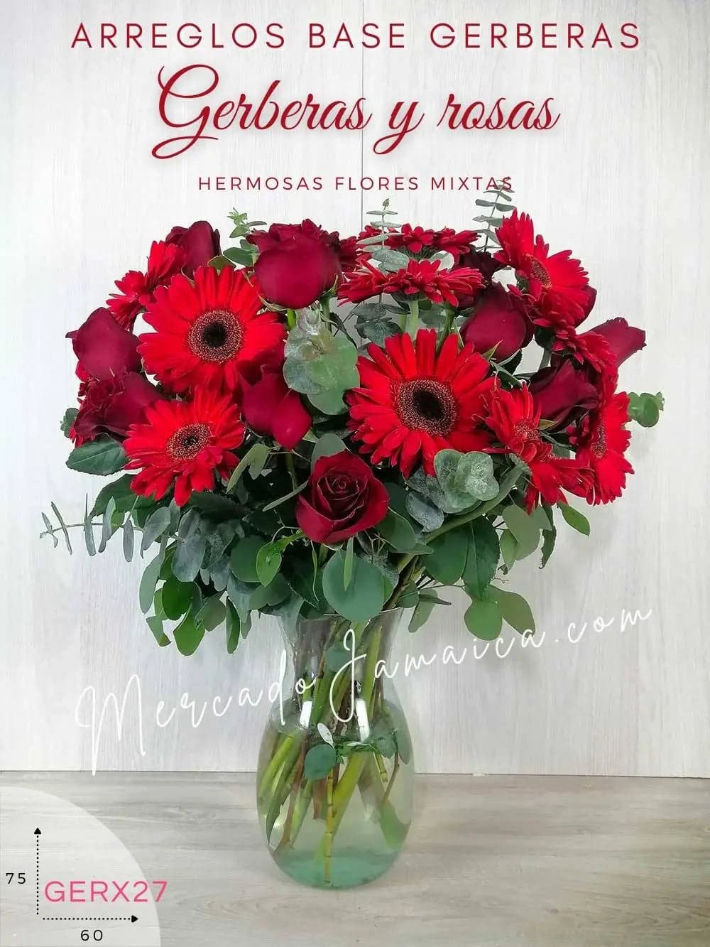 Arreglo 12 Rosas y 10 Gerberas Rojas en Florero CDMX