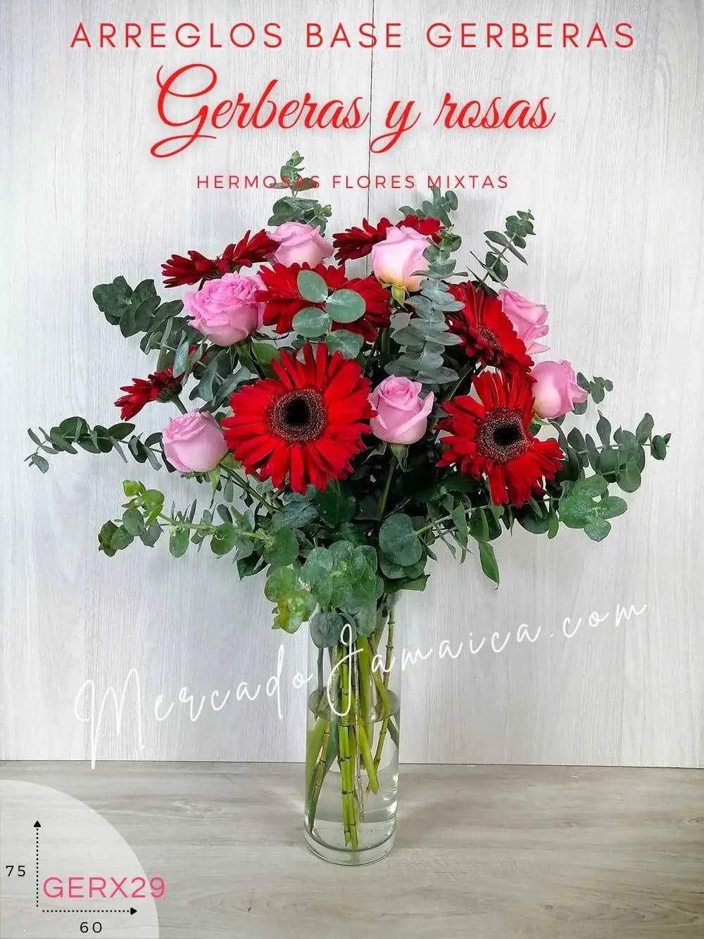 Arreglo 6 Gerberas y 10 Rosas en Florero CDMX