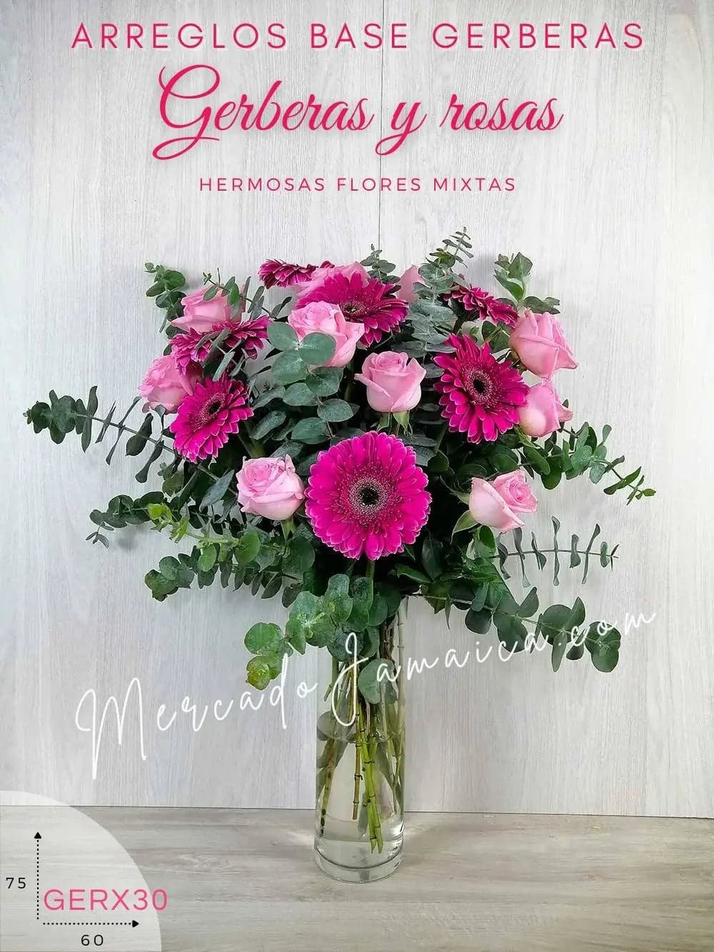 Arreglo 10 Gerberas Fucsia y Rosas en Florero CDMX