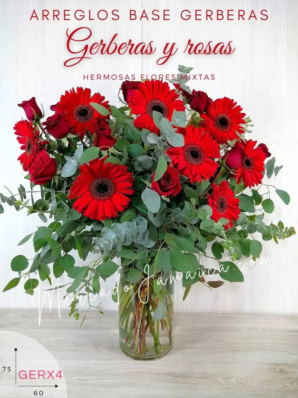 10 Gerberas y 12 Rosas Rojas en Florero CDMX