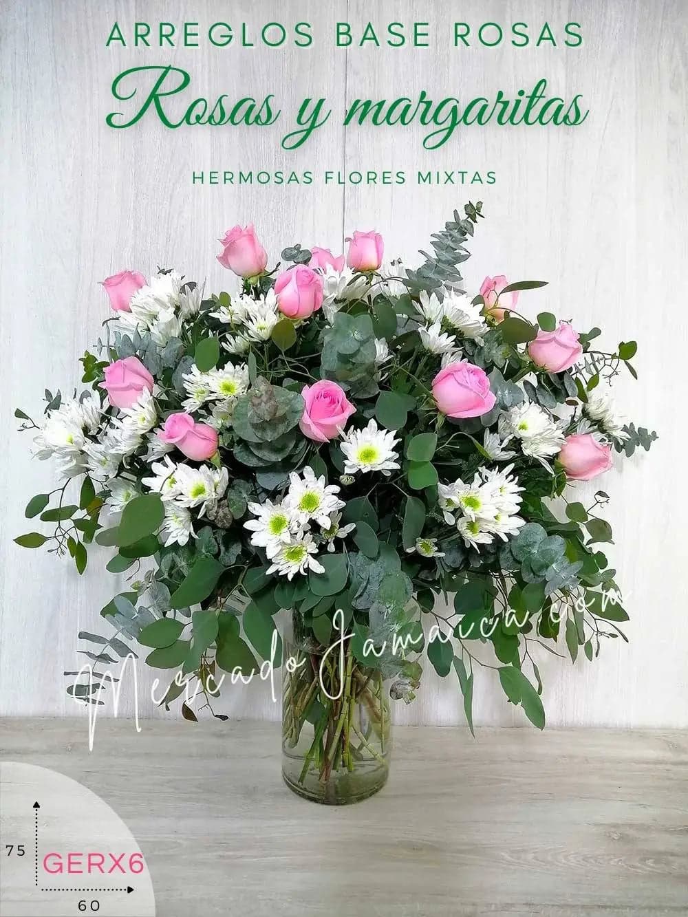 Arreglo 12 Rosas Rosa y Margaritas en Florero CDMX