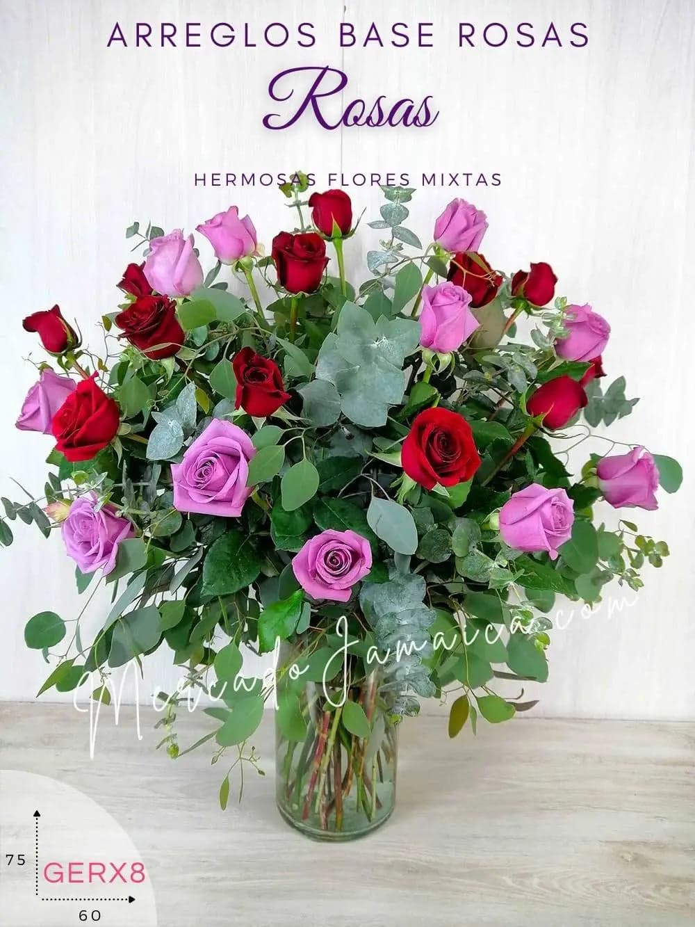 Arreglo 24 Rosas Rojas y Lila en Florero CDMX