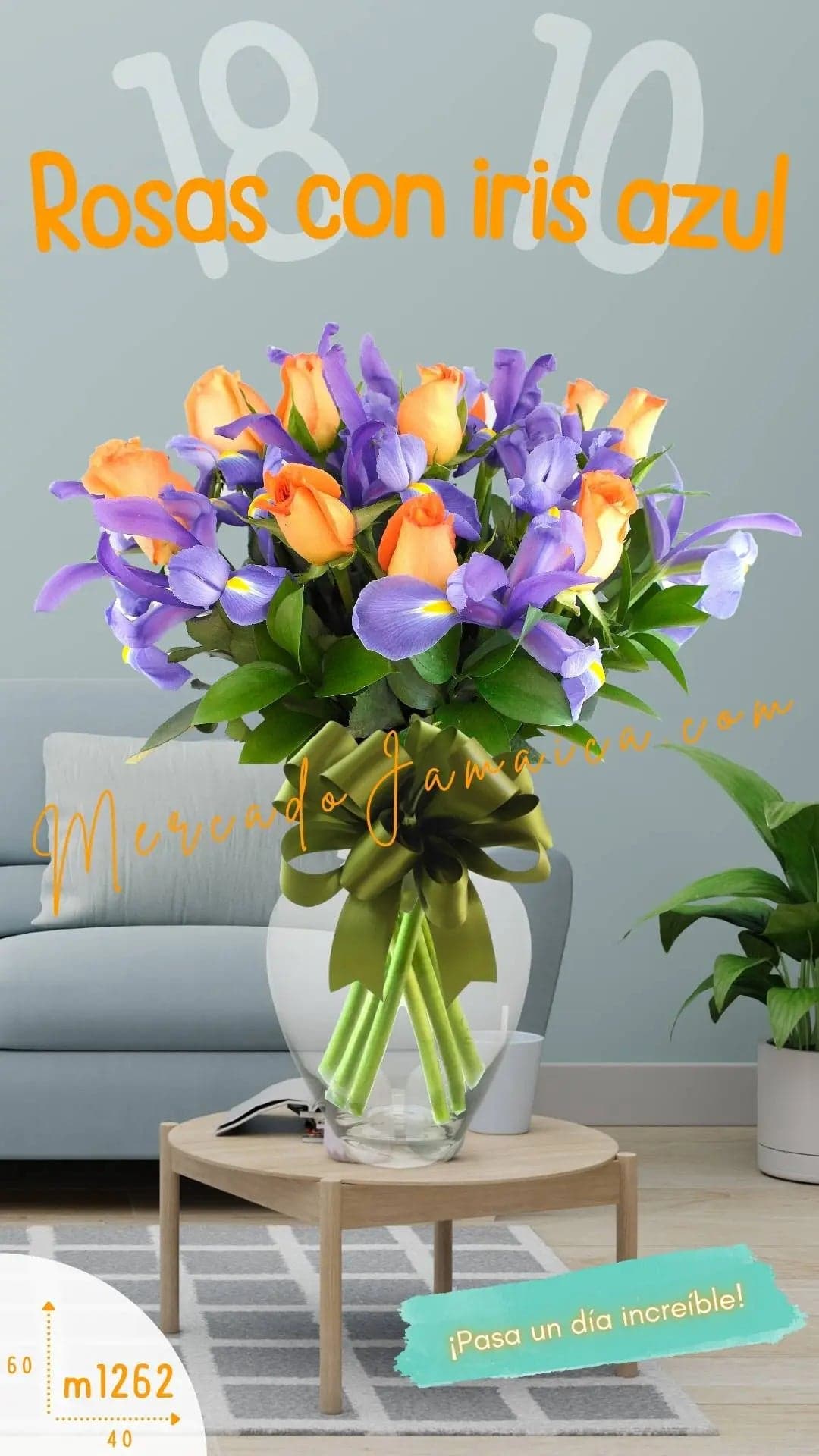 12 Rosas Naranja con Iris Azul en Jarrón CDMX
