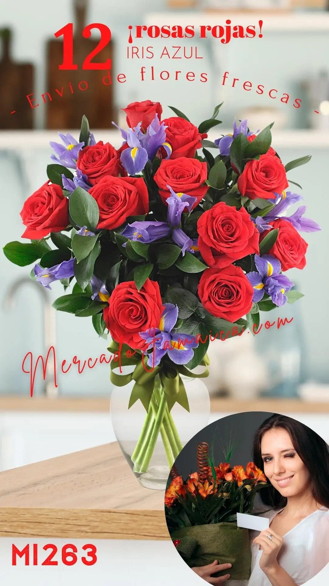 12 Rosas Rojas con Iris Azul en Jarrón · CDMX
