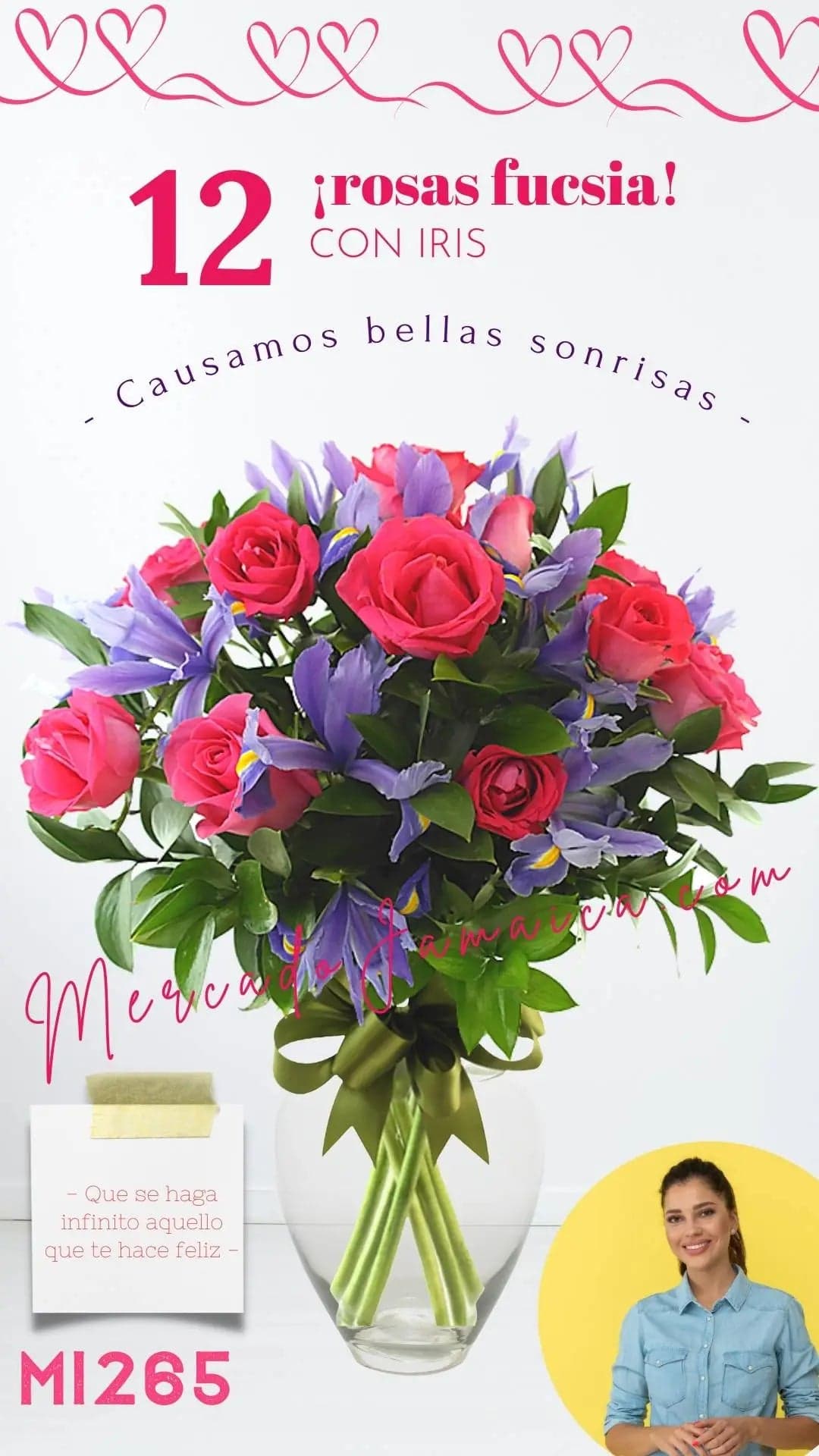 Arreglo 12 Rosas Fucsia con Iris Azul en Jarrón CDMX
