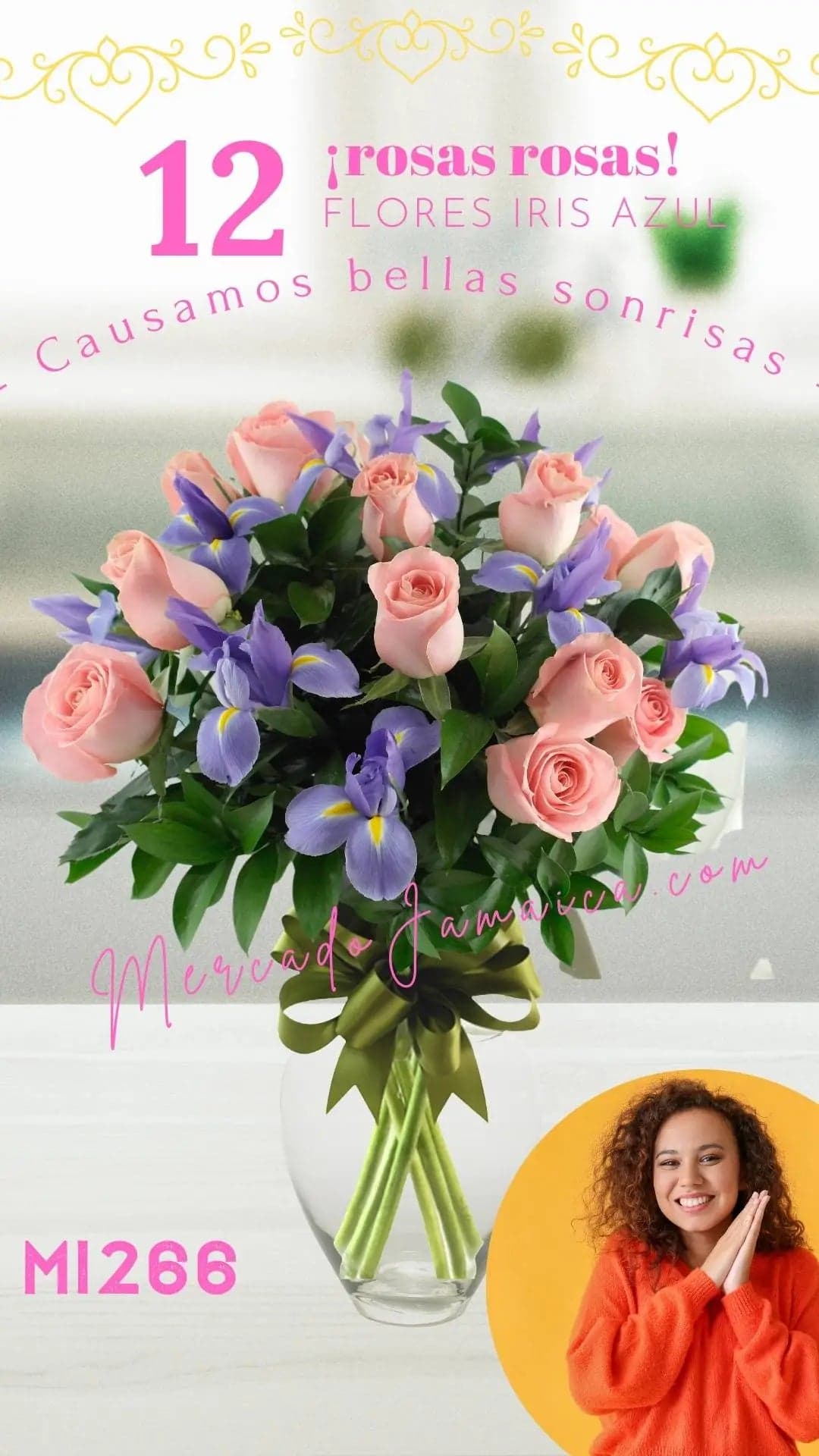 Arreglo 12 Rosas Rosa e Iris Azul en Jarrón CDMX
