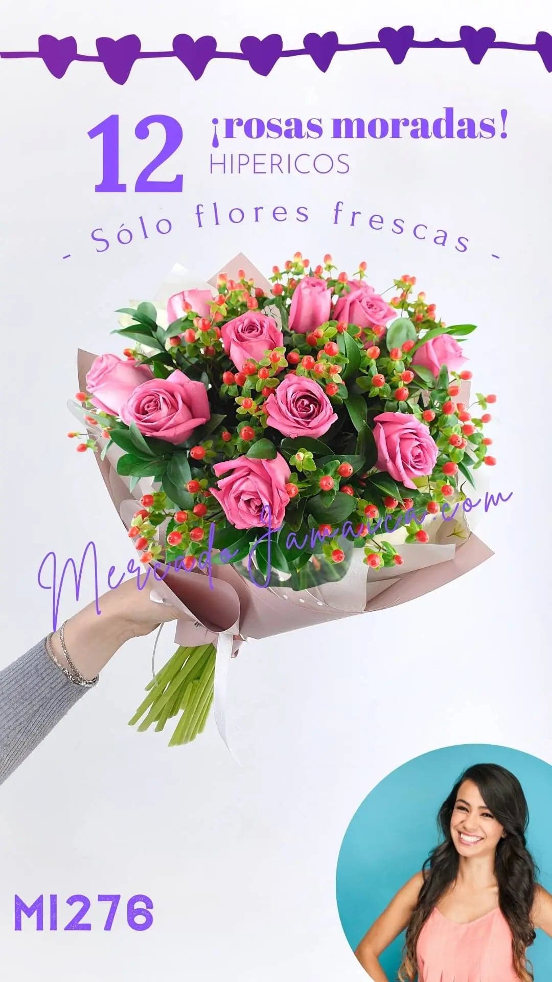 12 Rosas Fucsia con Hipérico en Jarrón CDMX